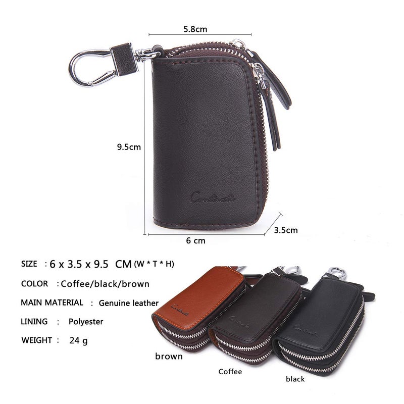 Contacts Leather Car Key Case, Mens Key Chain Hooks Pocket with Keyring Zipper Key Fob Organizer for Men Women - Image 3
